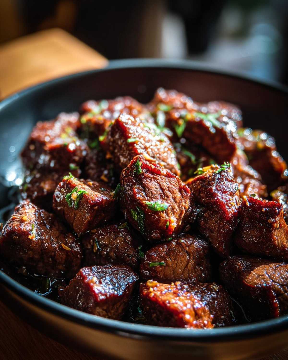 Close-up of tender crockpot steak bites in a bowl, garnished with fresh herbs.