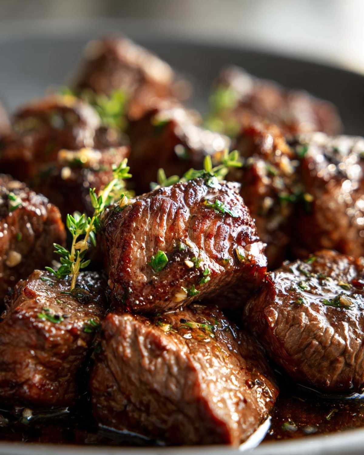 Close-up of tender crockpot steak bites, garnished with fresh herbs and glistening with savory sauce.
