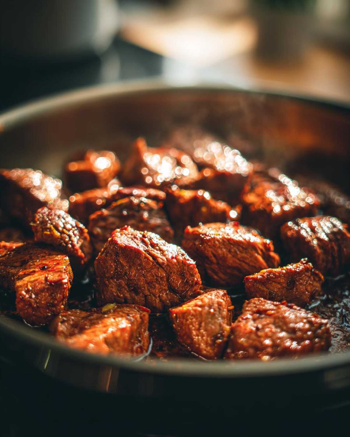 Close-up of tender crockpot steak bites simmering in a pan, ready to serve.