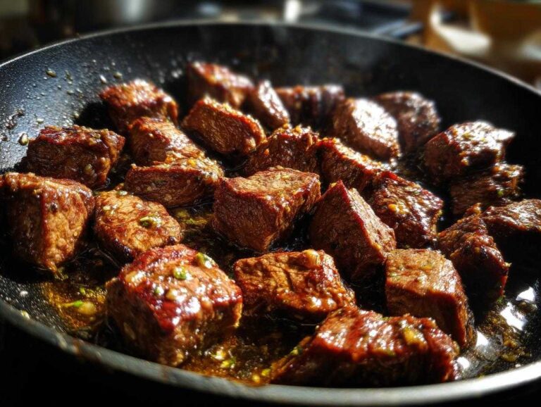 Close-up of tender crockpot steak bites simmering in a pan with flavorful juices and seasonings.