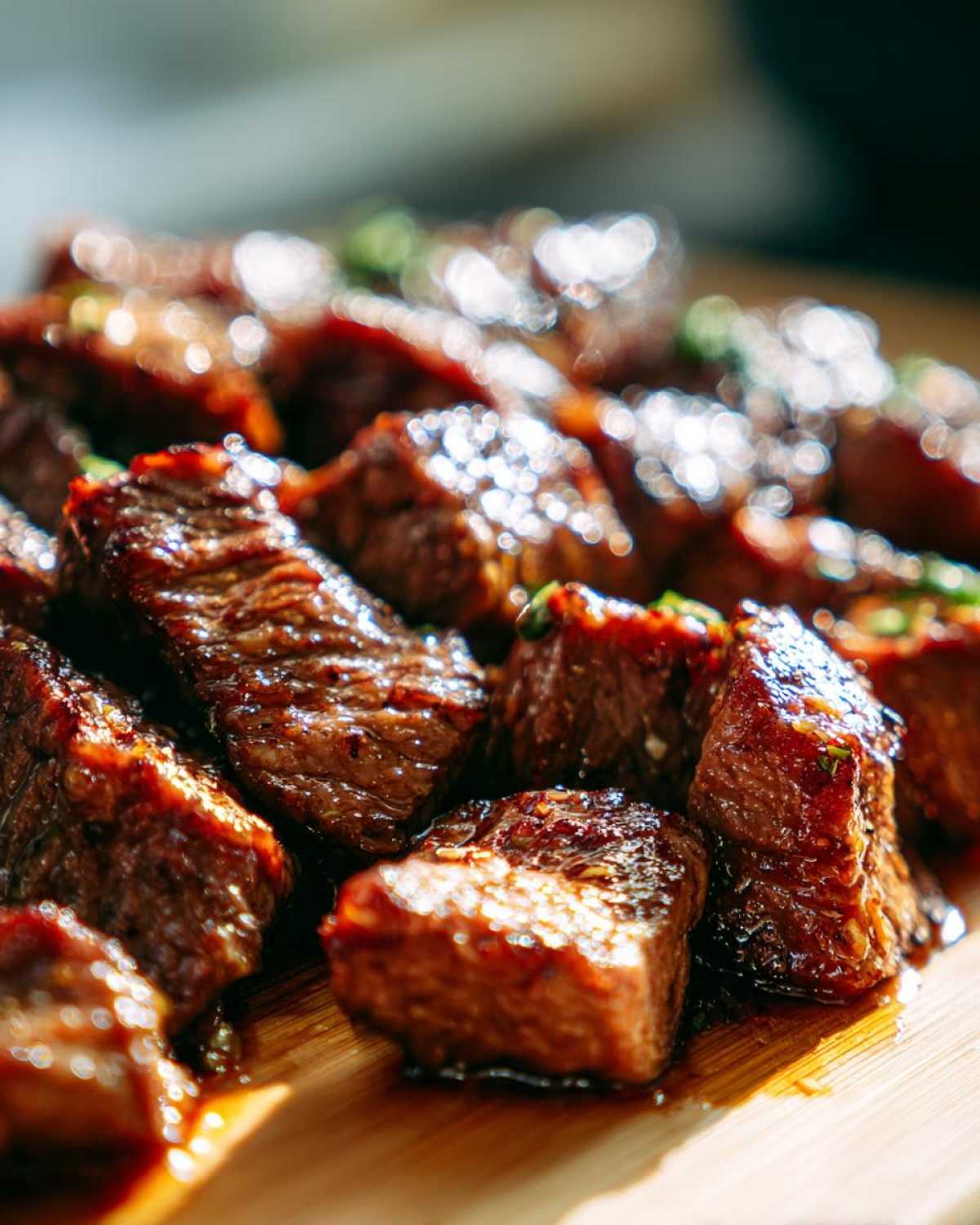 Close-up of tender crockpot steak bites, glistening with sauce, served on a wooden board.