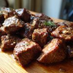 Close-up of tender crockpot steak bites seasoned with herbs on a wooden board.
