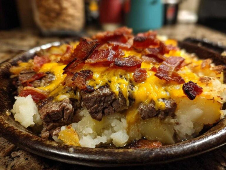 Close-up of crockpot steak and potato bake topped with melted cheese and crispy bacon bits.