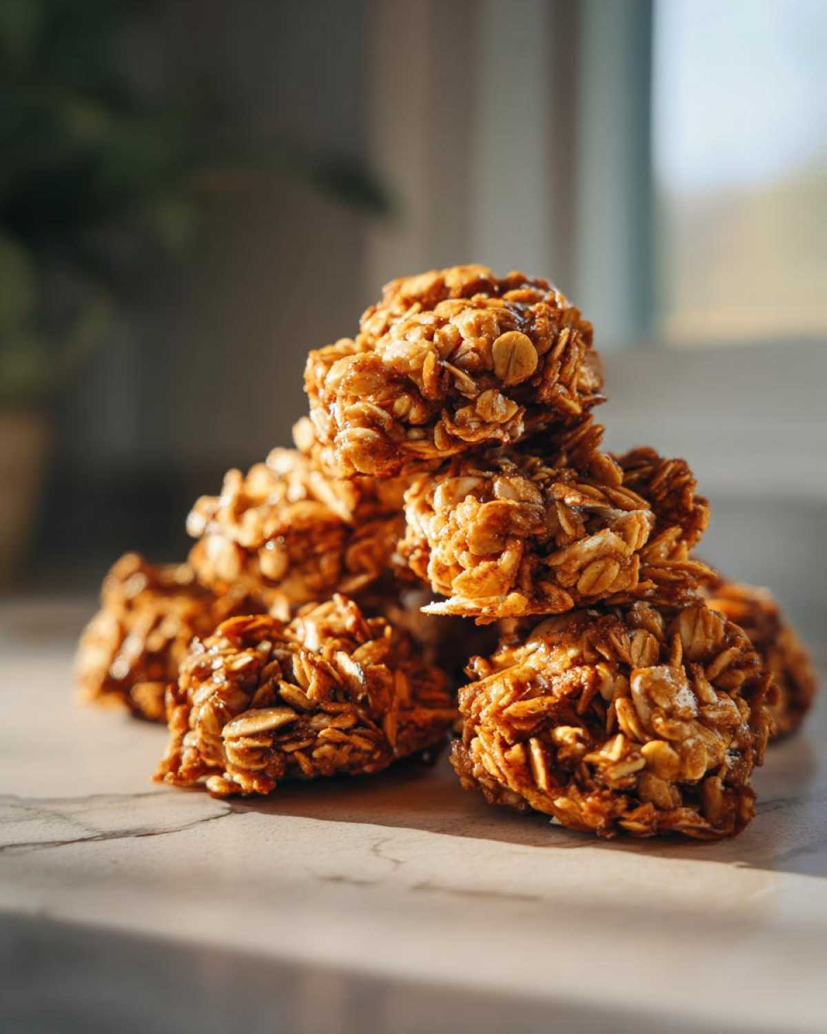 A stack of homemade crunchy granola clusters, golden brown and ready to eat.
