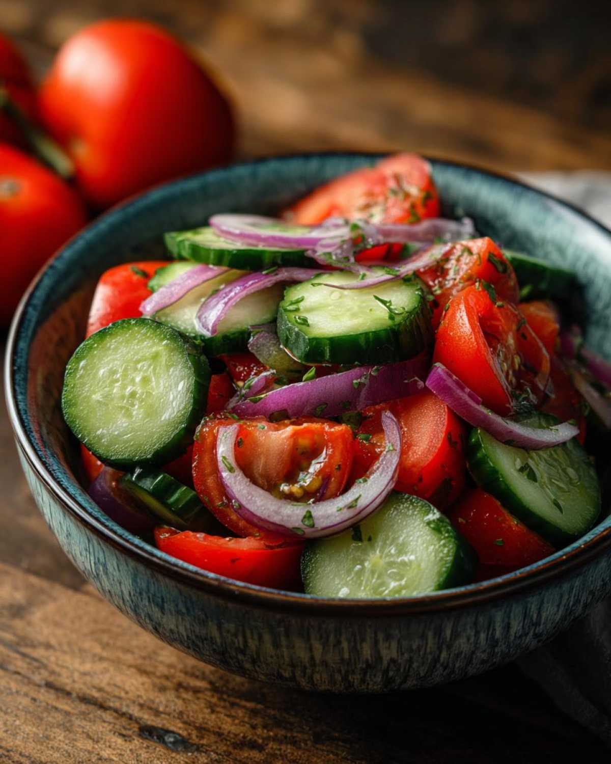 A vibrant bowl of cucumber tomato salad with red onion, garnished with herbs.