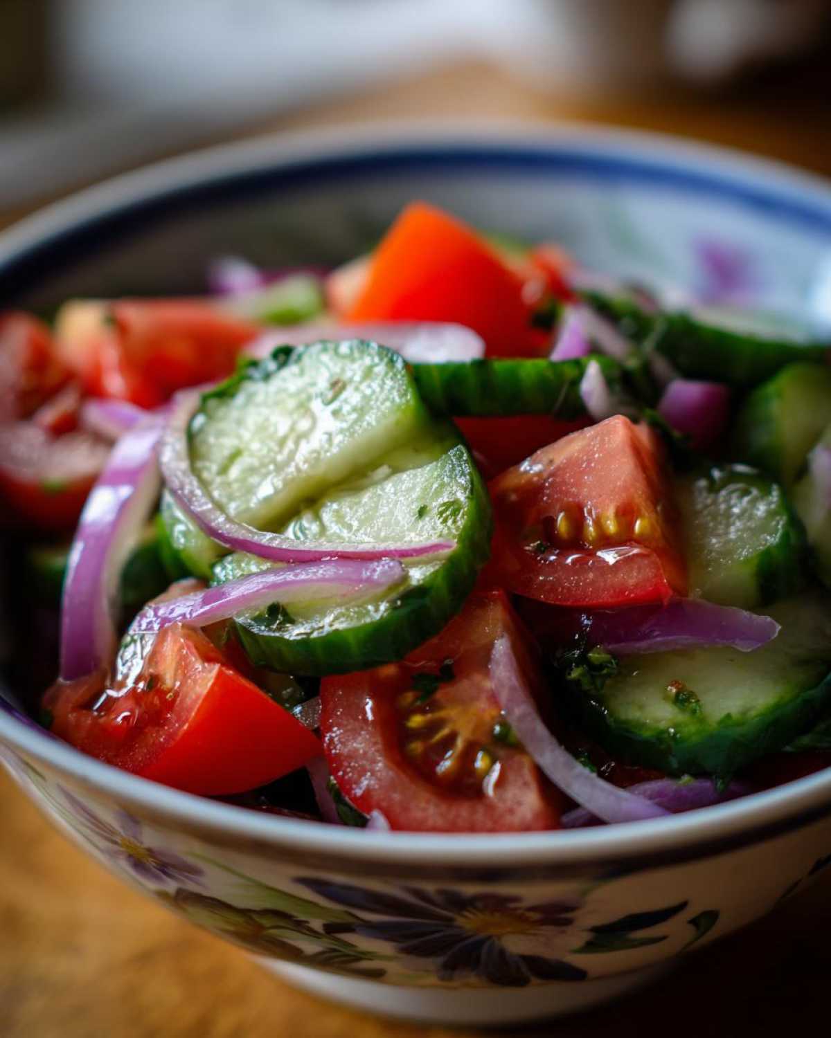 Close-up of a vibrant cucumber tomato salad with red onion in a decorative bowl.