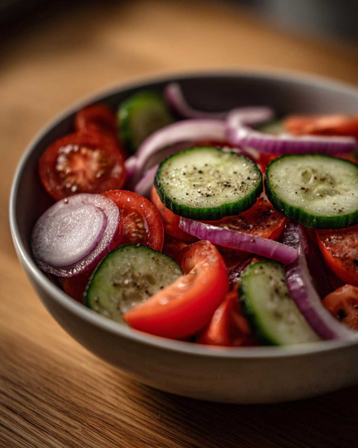 Close-up of a vibrant cucumber tomato salad with red onion in a bowl, seasoned with pepper.
