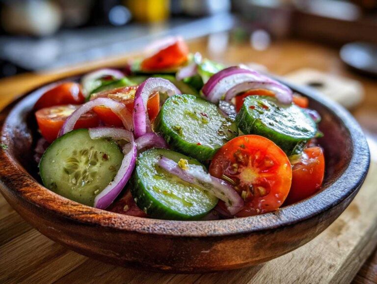 Close-up of a vibrant cucumber tomato salad with red onion in a wooden bowl.