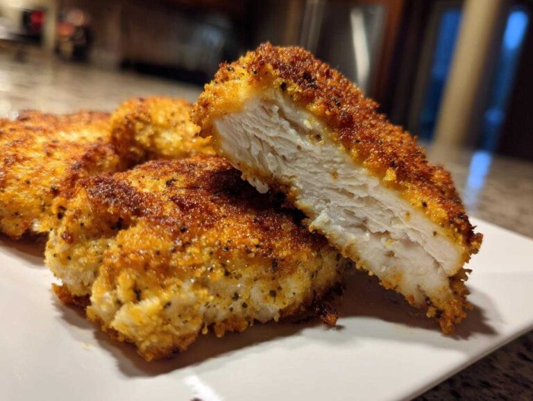 Crispy dill pickle parmesan chicken cutlet, sliced to show the juicy interior, on a white plate.