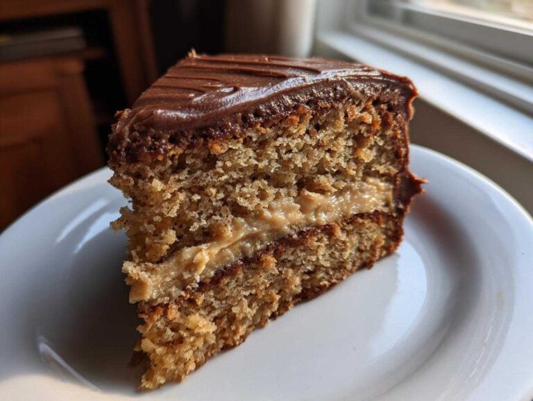 A slice of dirty chai spice cake with a creamy filling and chocolate frosting, served on a white plate.