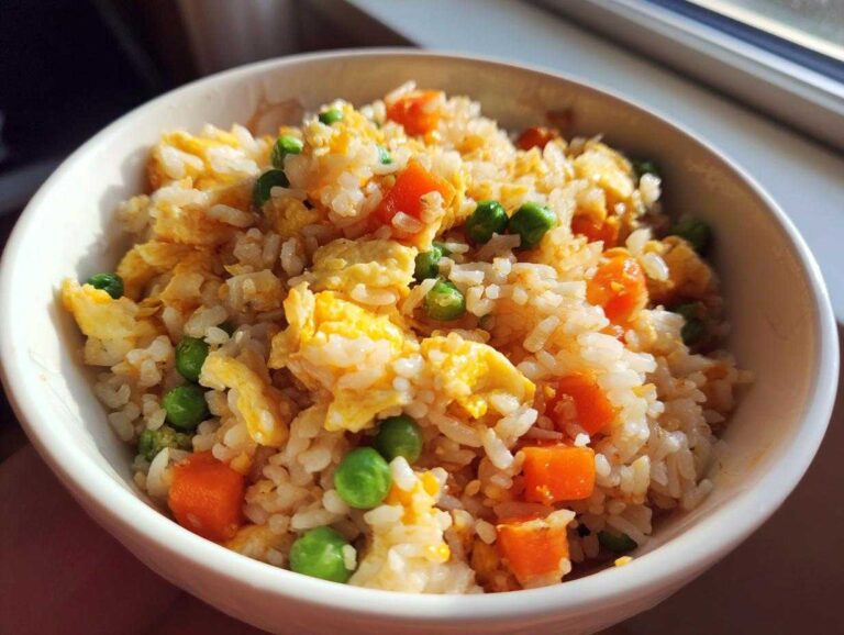 A bowl of freshly made egg fried rice with peas and carrots, ready to eat.
