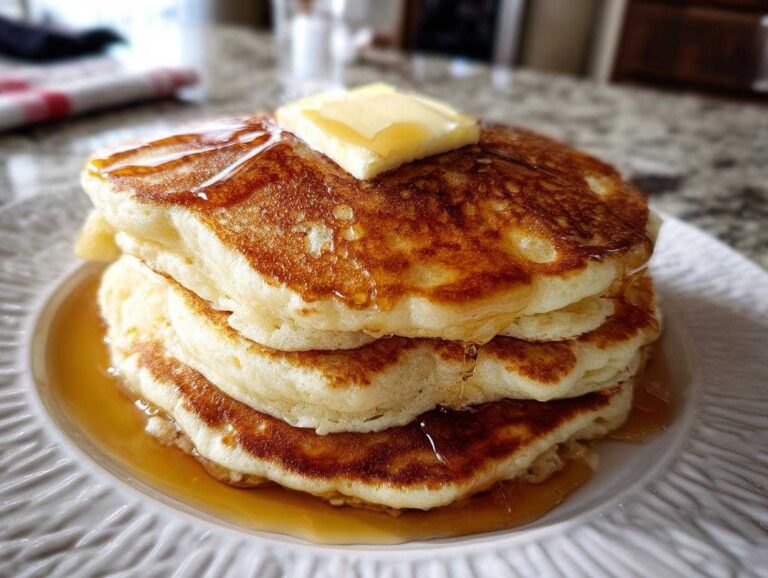 A stack of fluffy pancake is topped with butter and syrup on a white plate, ready to eat.