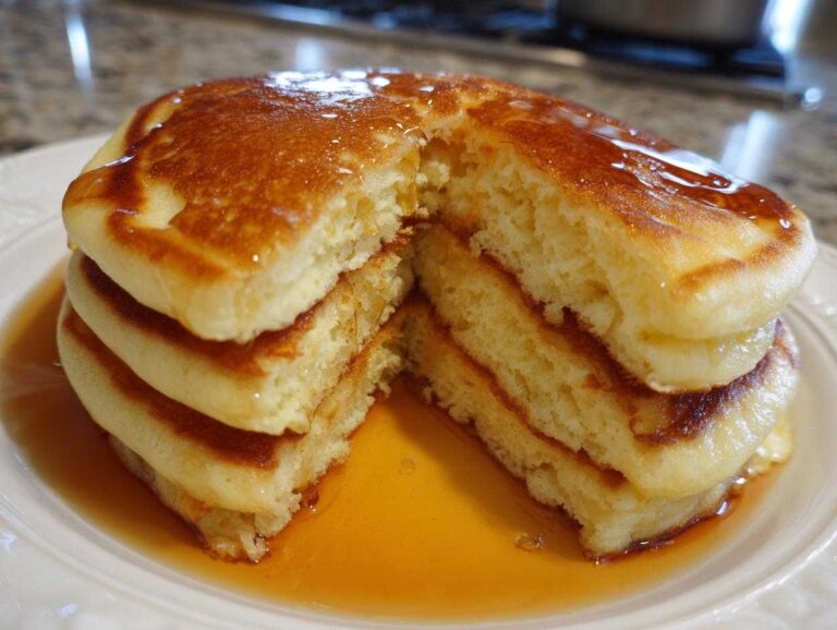 A stack of fluffy pancakes, sliced open to show texture, drenched in syrup on a white plate.