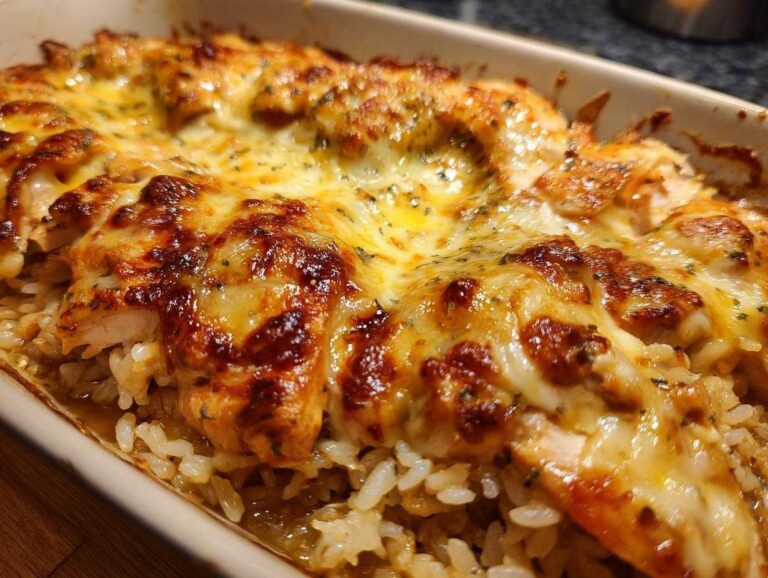 Close-up of French onion chicken rice bake with bubbly, melted cheese topping in a baking dish.