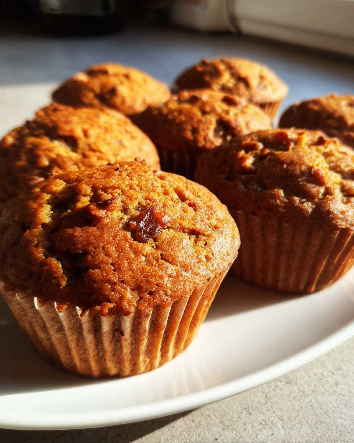 Close-up of several freshly baked banana muffins in paper liners on a white plate.
