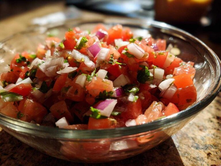 A close-up of vibrant, freshly made salsa in a clear glass bowl, showcasing diced tomatoes, onions, and cilantro.