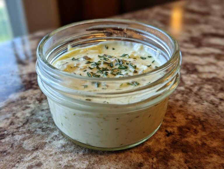 A jar of creamy garlic aioli, garnished with herbs, sits on a marble surface.