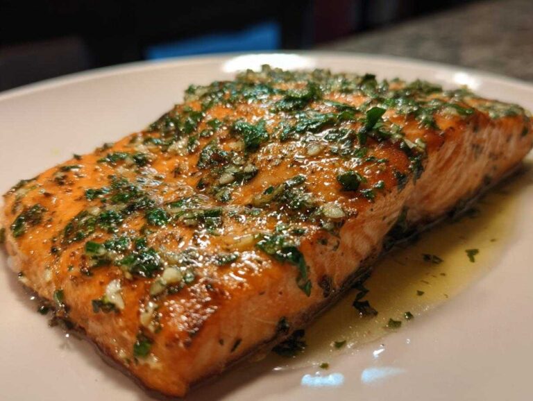A single serving of garlic butter baked salmon, topped with herbs, on a white plate.