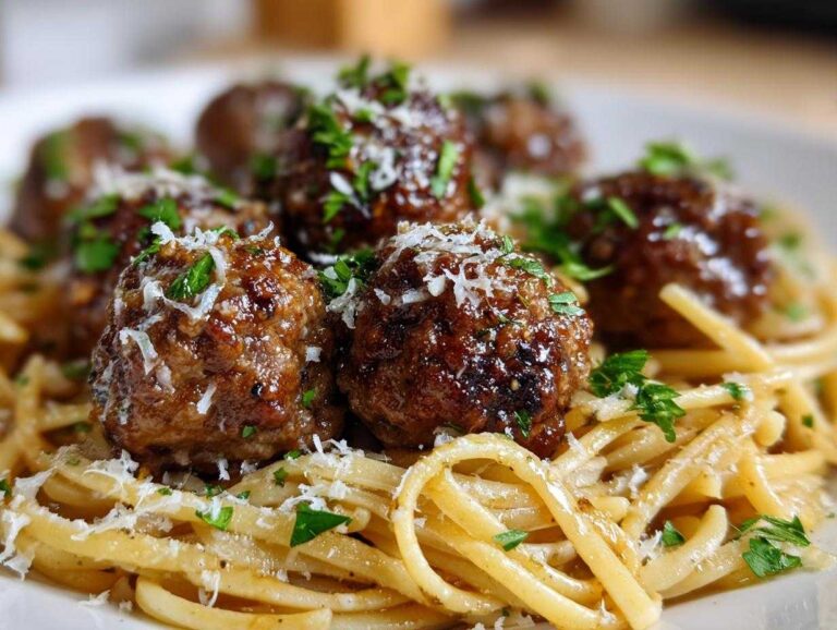 Close-up of garlic butter meatballs served over pasta, garnished with parmesan cheese and parsley.