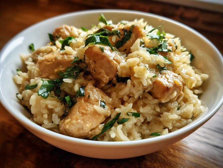 A bowl of delicious garlic chicken rice, garnished with fresh herbs, ready to eat.