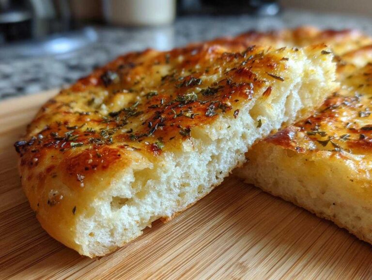 Close-up of a slice of garlic keto flatbread on a wooden board, showcasing its texture and garlic herb topping.