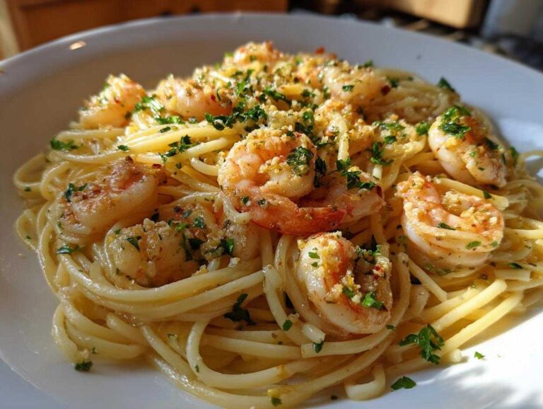 A delicious plate of garlic lemon shrimp pasta, featuring perfectly cooked shrimp and a light, flavorful sauce.