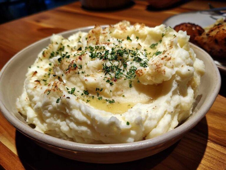 A bowl of fluffy garlic mashed potatoes, garnished with herbs and a drizzle of melted butter.