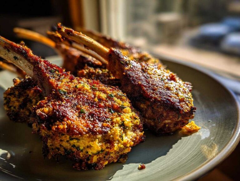 Close-up of garlic parmesan lamb chops on a plate, showcasing the golden-brown crust and juicy meat.