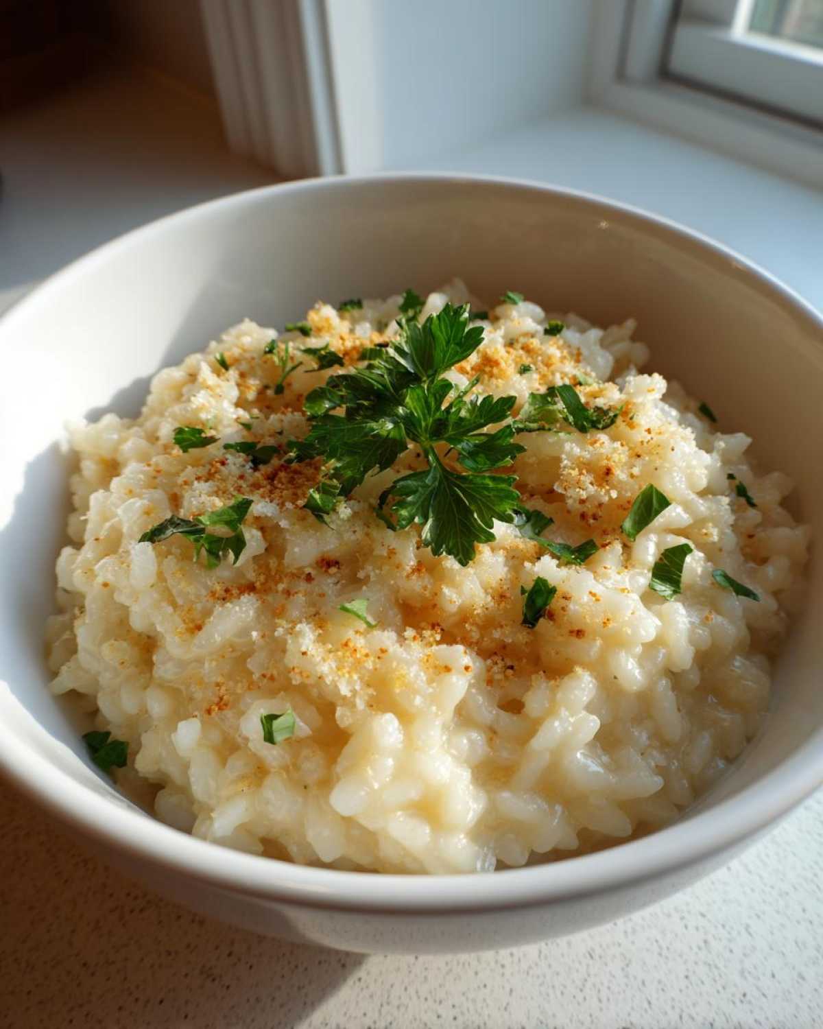 A bowl of creamy garlic parmesan risotto, garnished with fresh parsley and parmesan cheese.