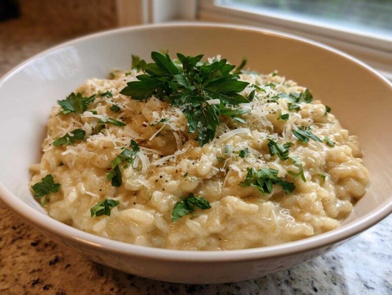 A delicious bowl of creamy garlic parmesan risotto, garnished with fresh parsley and grated parmesan cheese.