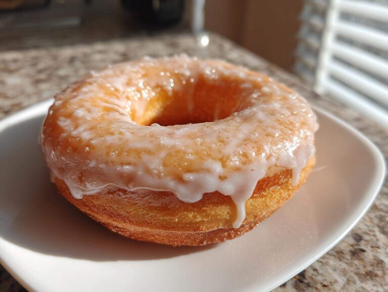A glazed donut sits on a white plate, showcasing a shiny donut glaze made with 3 simple ingredients.