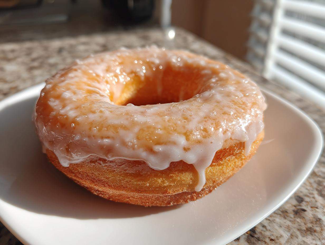 A glazed donut sits on a white plate, showcasing a shiny donut glaze made with 3 simple ingredients.