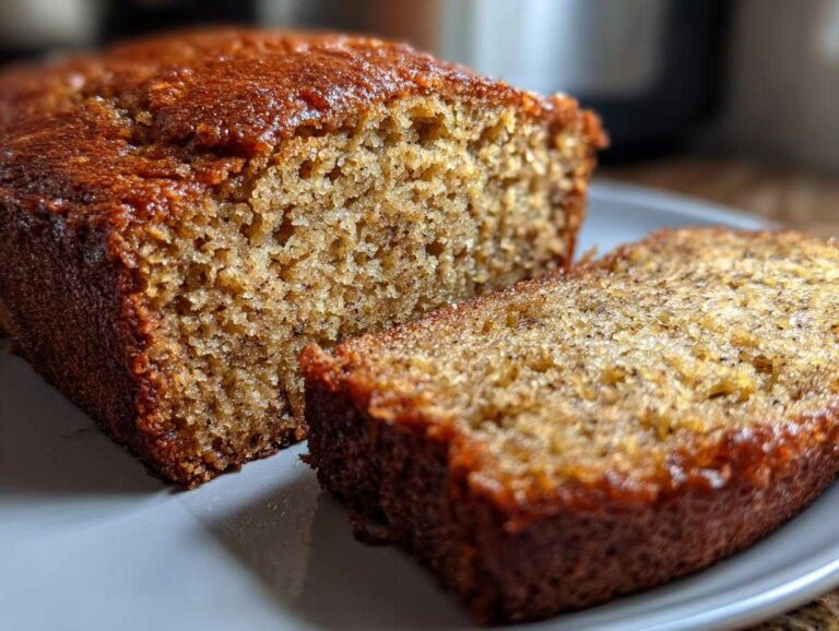 A slice of moist gluten-free banana bread on a plate, showcasing its texture and golden-brown crust.