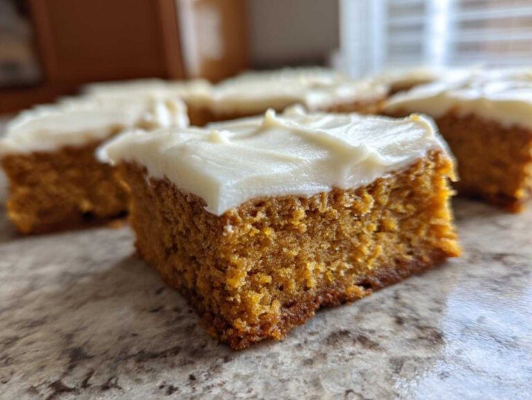 Close-up of soft gluten-free pumpkin bars with creamy white frosting on a textured surface.