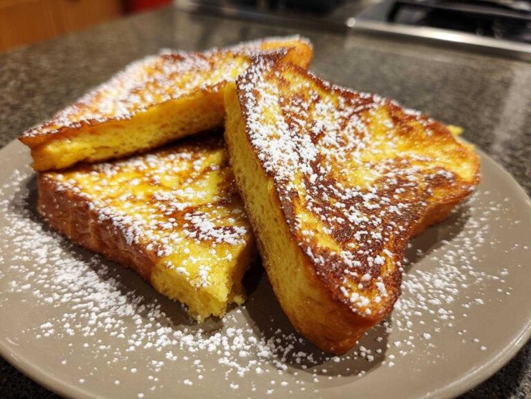 A stack of golden french toast on a plate, generously dusted with powdered sugar.