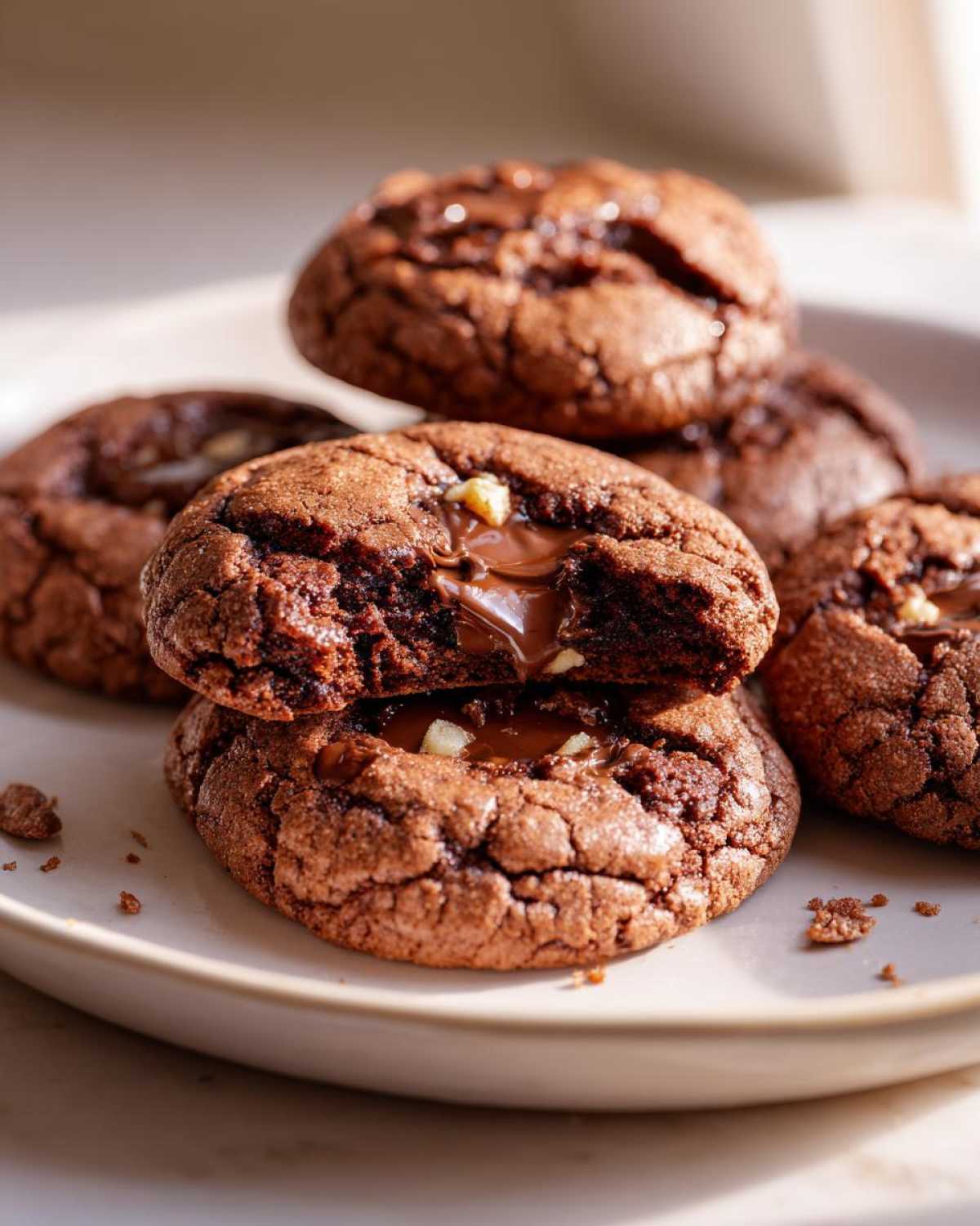 A stack of homemade Nutella cookies on a plate, one cookie broken in half to show the gooey Nutella center.
