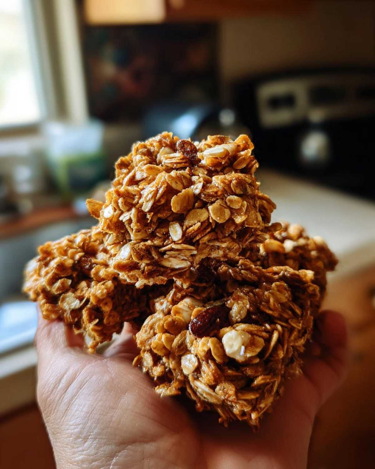 A hand holds a stack of homemade granola clusters, showcasing the oats, nuts, and dried fruit.