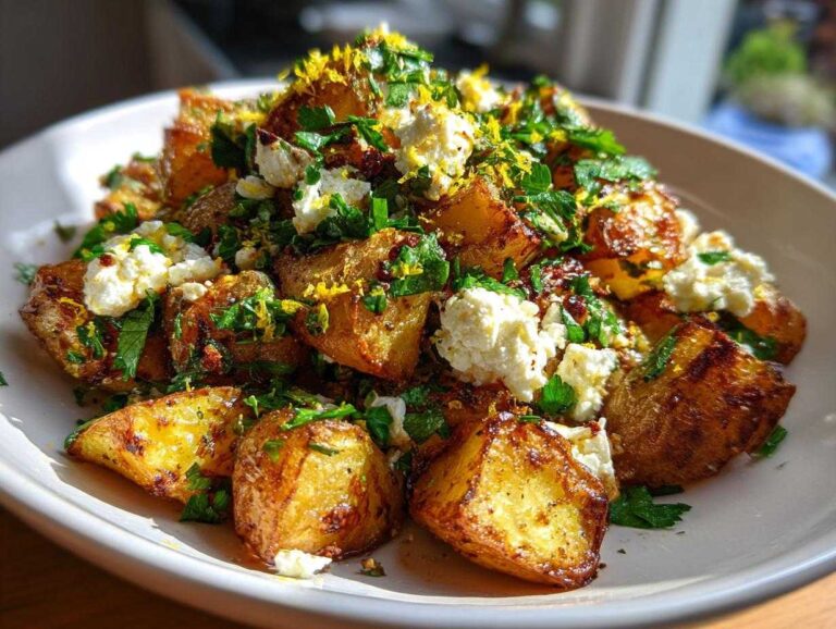 A plate of Greek feta roast potatoes, garnished with fresh herbs and lemon zest.
