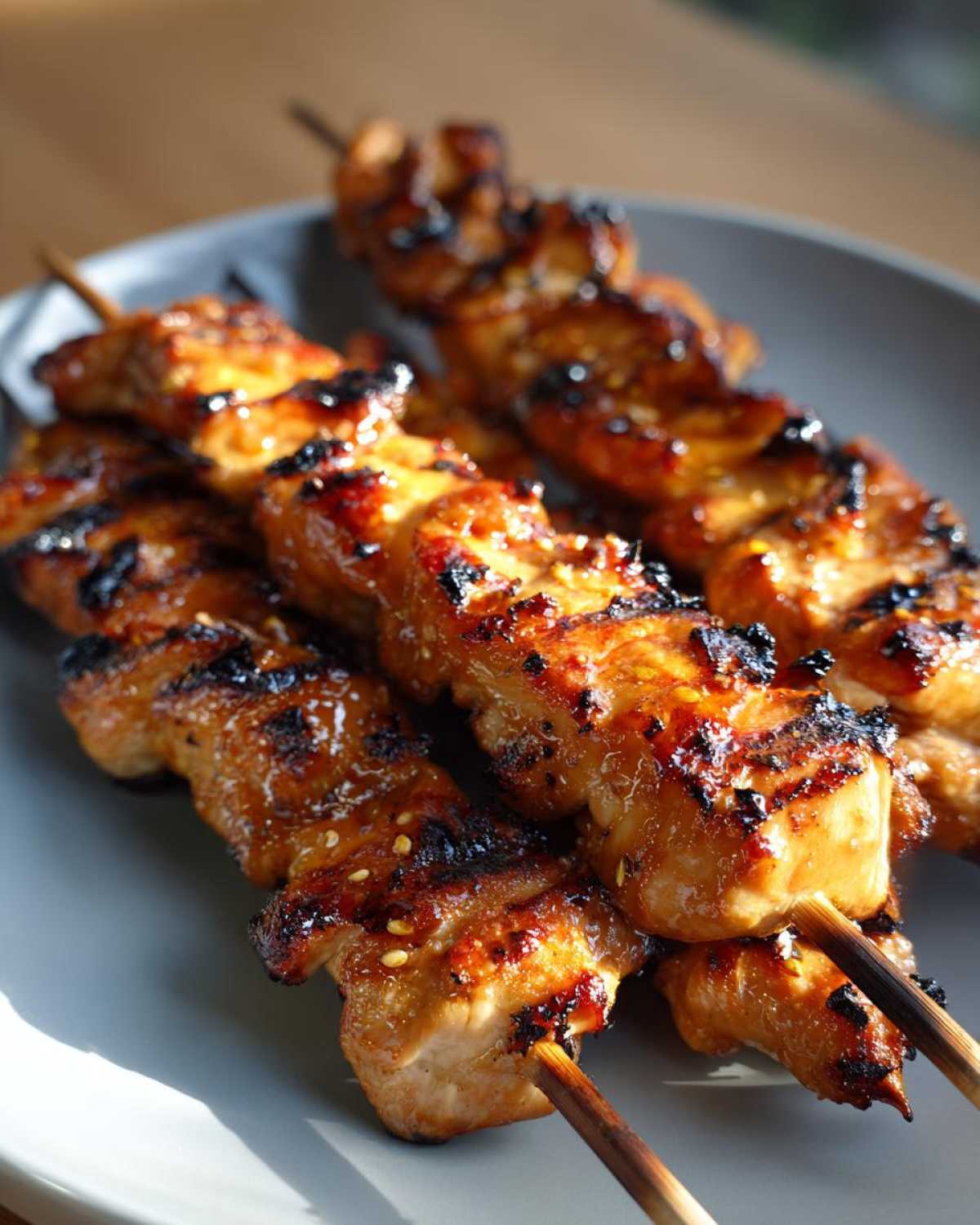 Close-up of grilled asian chicken skewers on a gray plate, showing the glaze and sesame seeds.