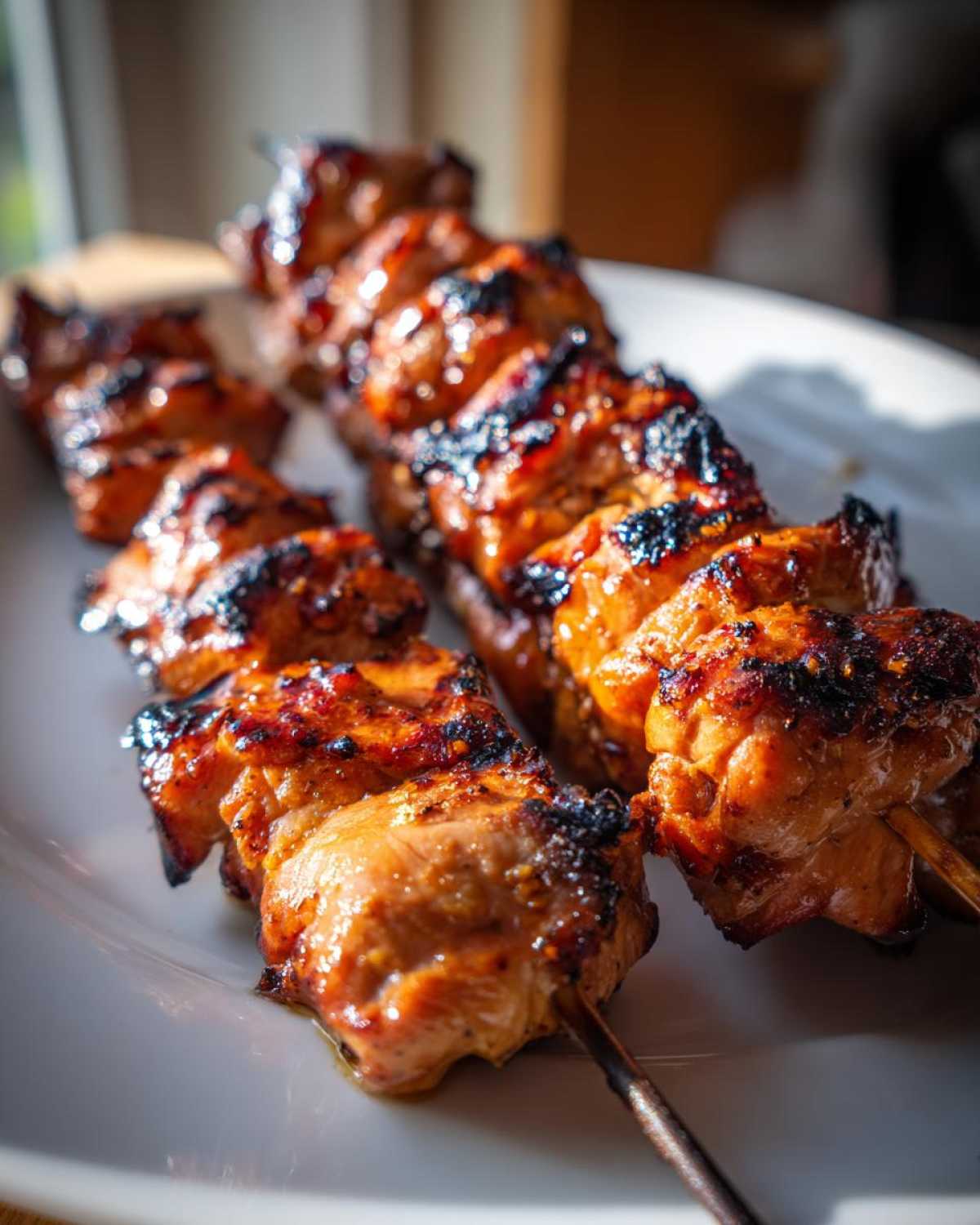 Two grilled asian chicken skewers on a white plate, showing the caramelized glaze and grill marks.