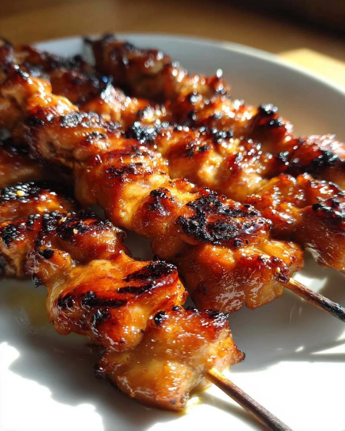 Close-up of juicy grilled asian chicken skewers on a white plate, showing the caramelized glaze and grill marks.