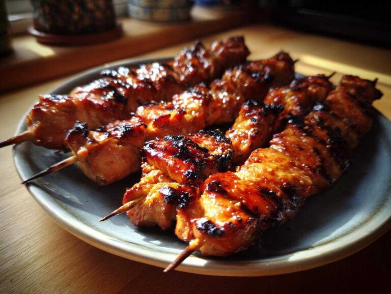 Close-up of grilled Asian chicken skewers on a plate, showcasing the glaze and char.