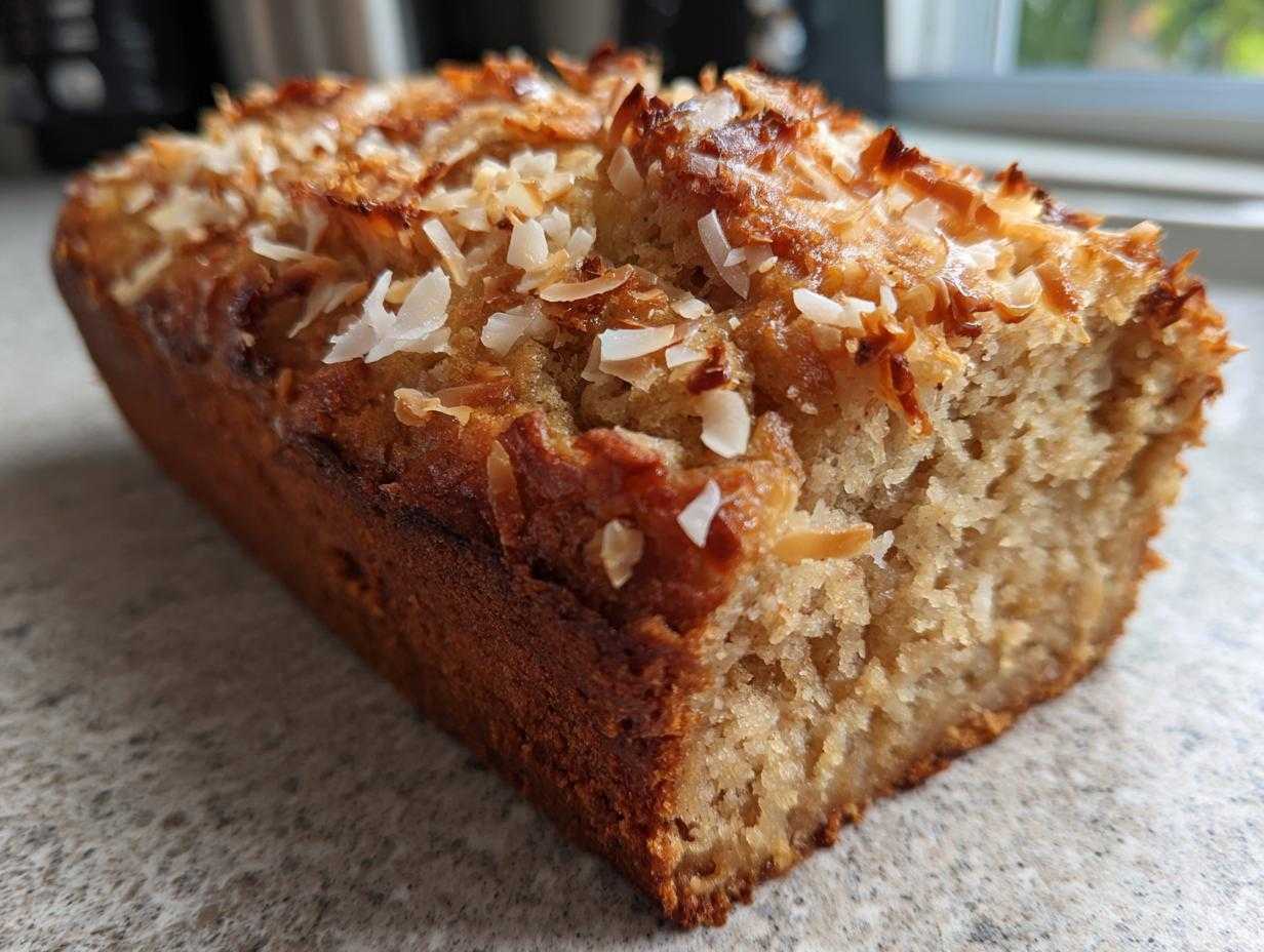 A loaf of Hawaiian banana bread topped with toasted coconut flakes, fresh out of the oven.