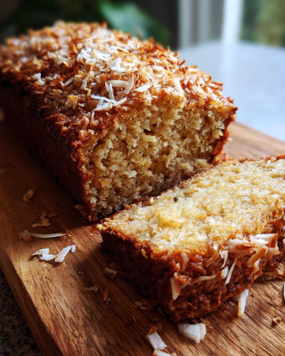 A loaf of Hawaiian banana bread sliced on a wooden board, topped with toasted coconut flakes.