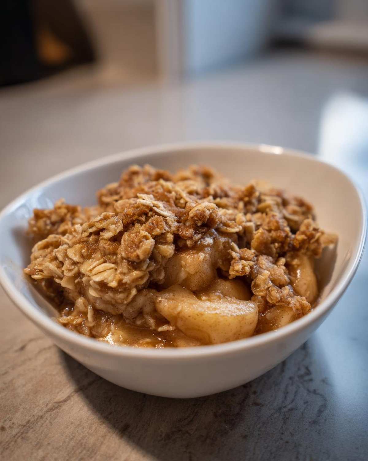 A bowl of freshly baked healthy apple crisp with a golden oat topping, ready to eat.