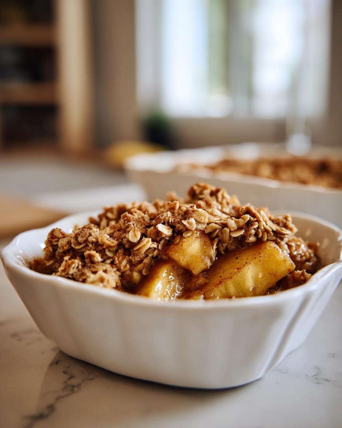 Close-up of a bowl of healthy apple crisp with a golden oat topping and soft apple filling.