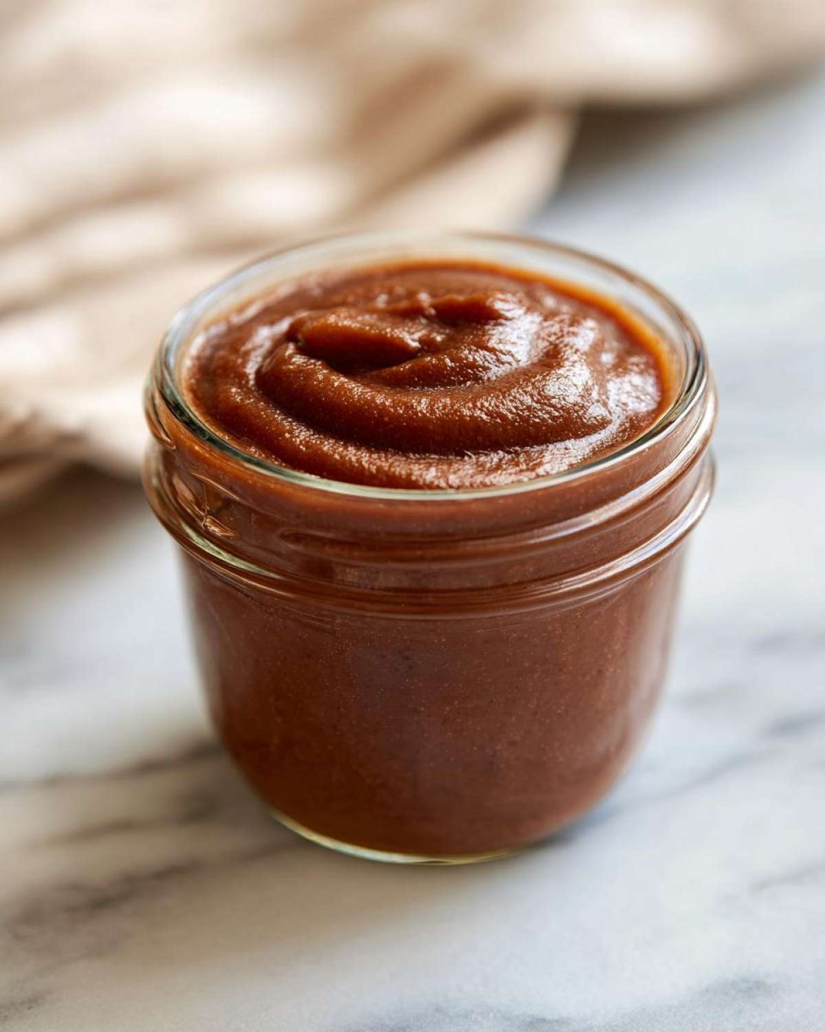 Close-up of smooth, rich apple butter in a glass jar, ready to be enjoyed.