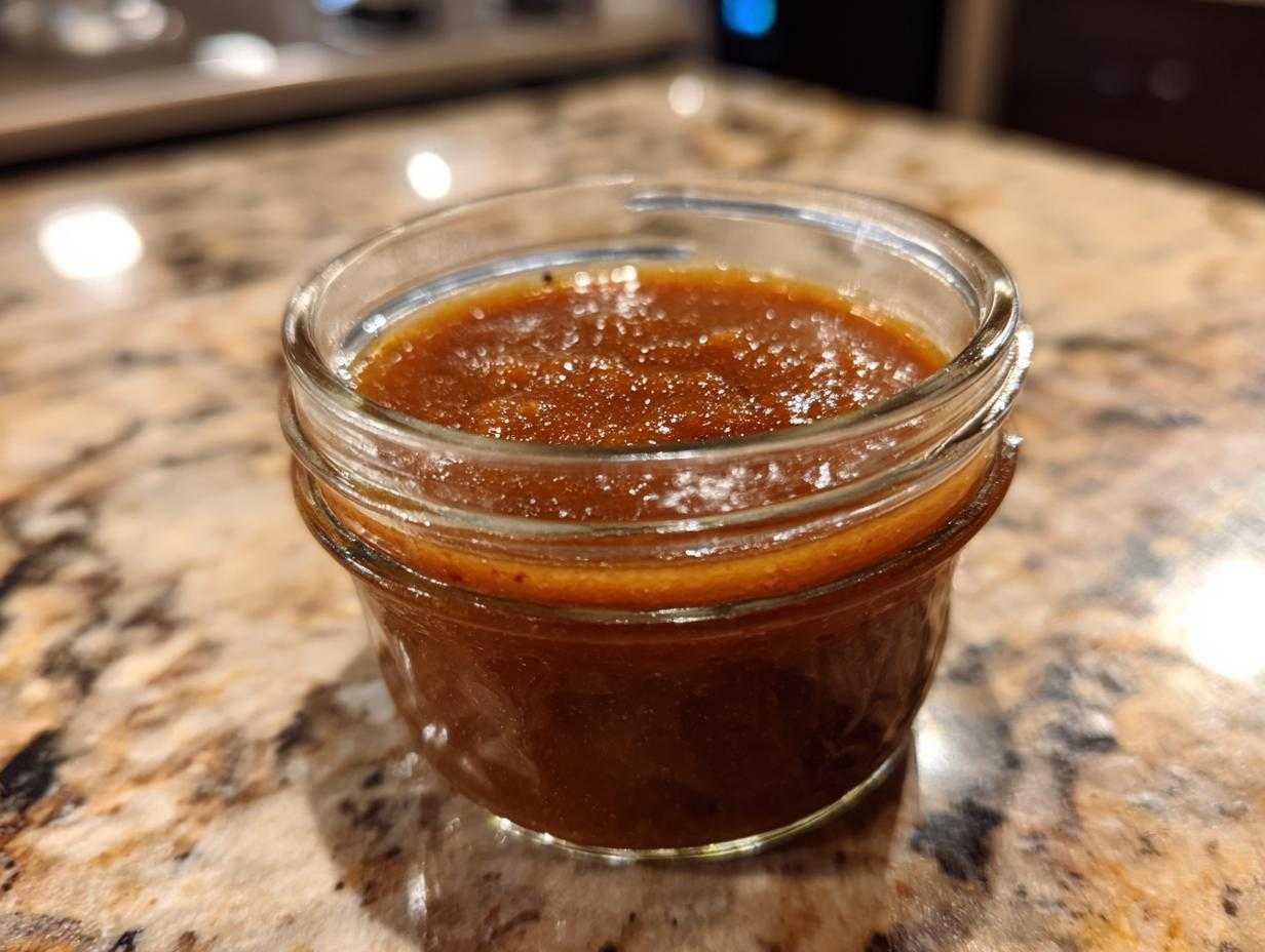 Close-up of homemade Apple butter in a small glass jar on a granite countertop.