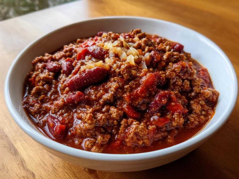 A bowl of hearty homemade chili with ground beef, kidney beans, and diced onions on top.