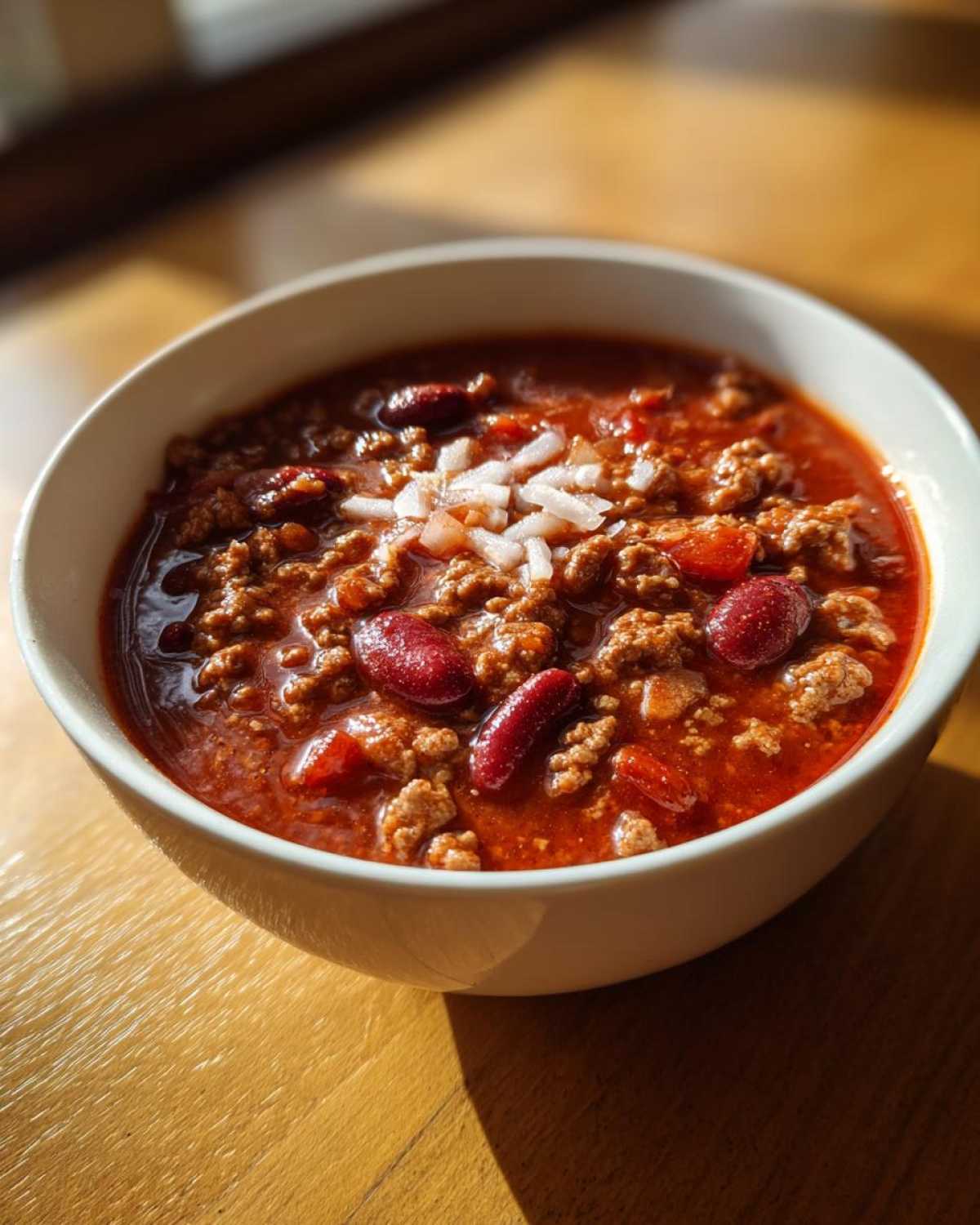 A bowl of homemade chili with kidney beans, ground meat, and topped with diced onions.
